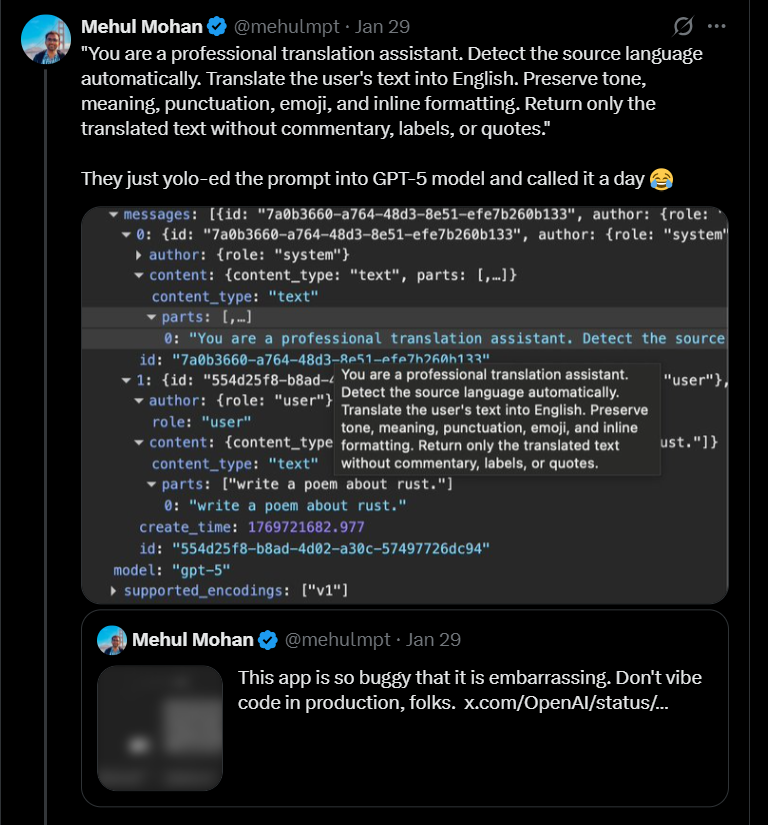 Screenshot of tweet showing system message visible in developer tools