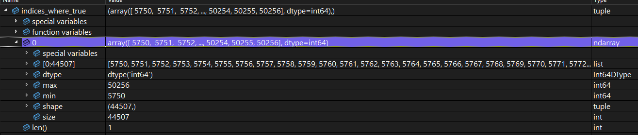 Indices array result
