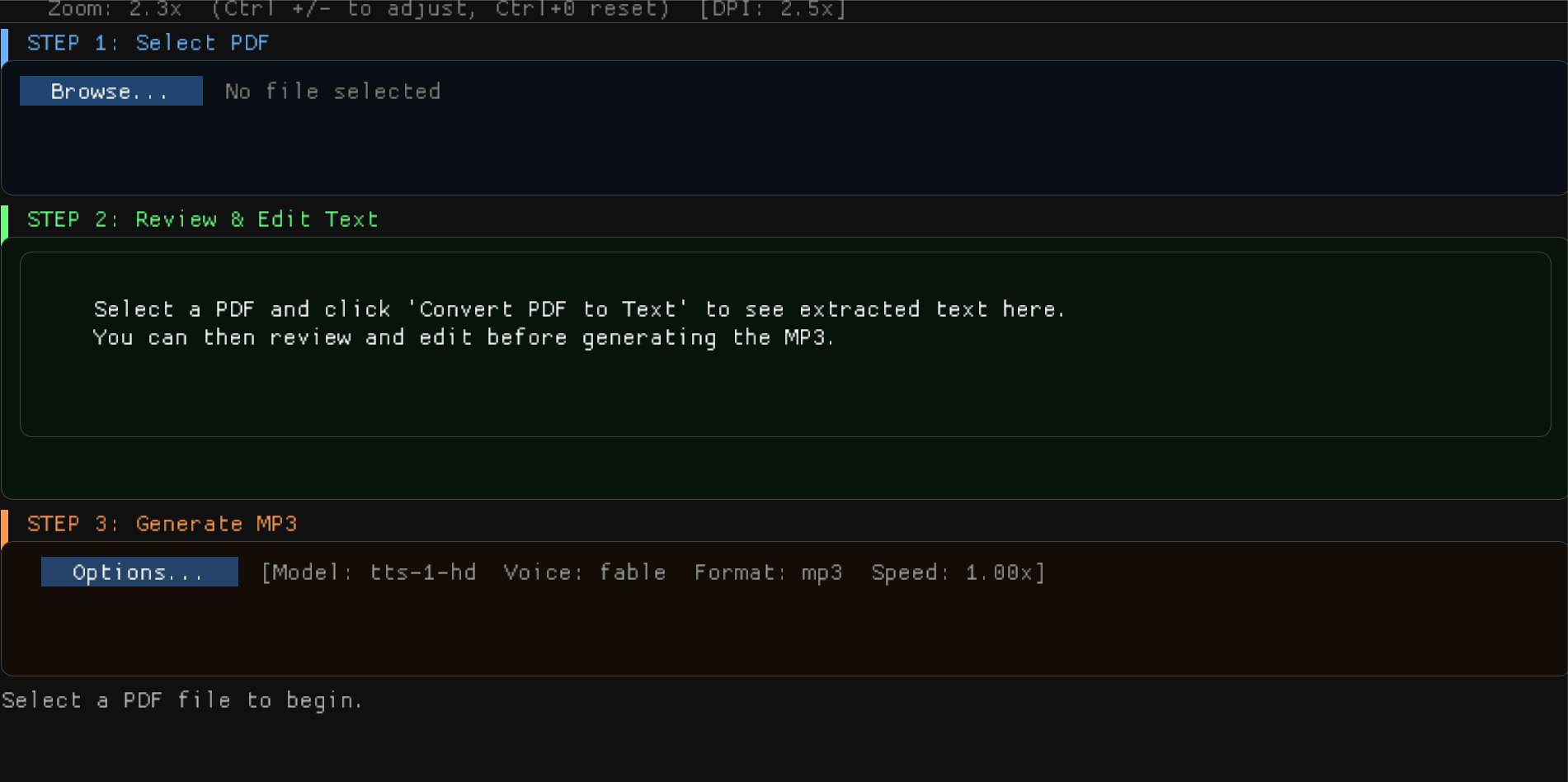 Gif of the UX for the PDF to Audio program