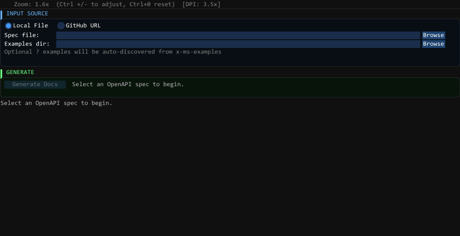 Gif of the UX for OpenAPI 3.0 -> Markdown converter